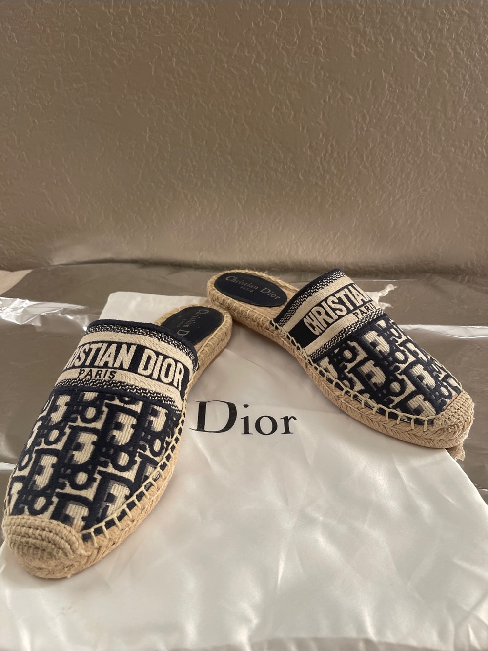 Dior Navy and Natural Jute Logo Espadrille Slides